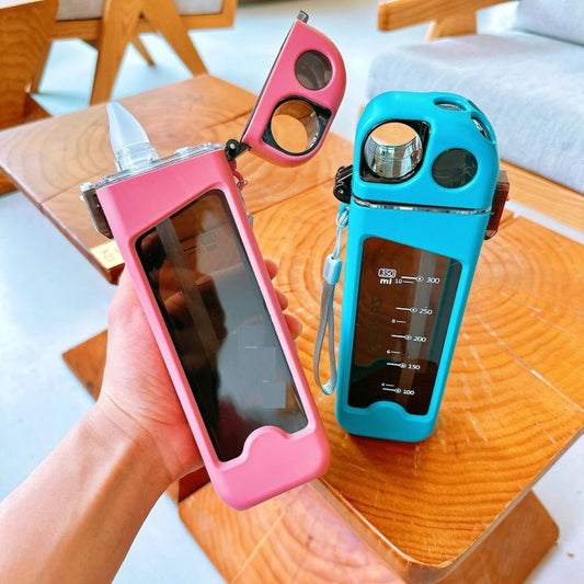 Techmanistan 350ml Plastic Water Bottle With Pop Up Straw & Lock, Drinking Large Portable Travel Bottle, Plastic Sports Bottle, 350ML Square Double-Layer Classic Straw Water Bottle